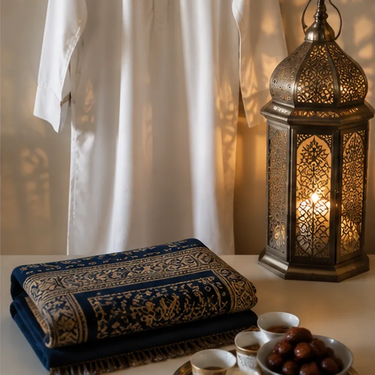 Freshly pressed white thobe on a hanger with a folded prayer rug, lantern and dates before Eid