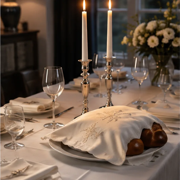 Shabbat table set with a freshly pressed white tablecloth, napkins and lit candles